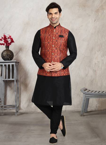 Red Colour Festive Wear Jacquard Banarasi Silk Digital Print Kurta Pajama With Jacket Mens Collection 1219
